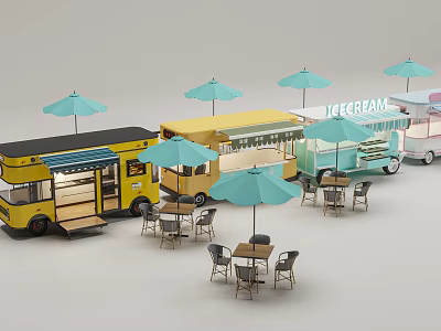 Vibrant Commercial Street Featuring Colorful Food Trucks Outdoor Dining Tables With Blue Umbrellas 3d model