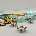 Vibrant Commercial Street Featuring Colorful Food Trucks Outdoor Dining Tables With Blue Umbrellas