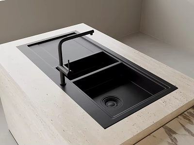 Black Built in Kitchen Sink with Faucet on Modern Stone Kitchen Countertop 3d model
