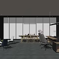 Bright Modern Office Interior With Large Windows Desk Sofa And Bookshelf 3d model