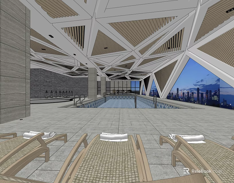 Modern Indoor Swimming Pool Area With Lounge Chairs And City Skyline View 3d model 