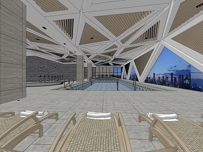 Modern Indoor Swimming Pool Area With Lounge Chairs And City Skyline View 3d model