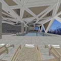 Modern Indoor Swimming Pool Area With Lounge Chairs And City Skyline View