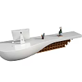 Modern Reception Desk Design With White Countertop Wooden Shelf Base Decorative Vase And Computer Monitor