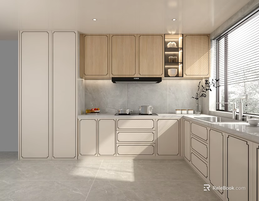 Bright Modern Kitchen Interior With Light Wooden Cabinets Window Countertop Range Hood And Storage 3d model 