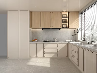 Bright Modern Kitchen Interior With Light Wooden Cabinets Window Countertop Range Hood And Storage 3d model
