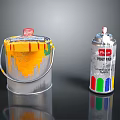 Household Paint Supplies Metal Bucket With Yellow Drips And Spray Paint Can With Colorful Labels