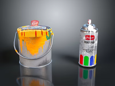 Household Paint Supplies Metal Bucket With Yellow Drips And Spray Paint Can With Colorful Labels 3d model