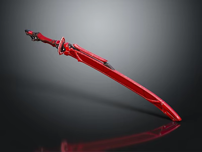 Red Long Sword with Black and Red Decorations Shiny Blade on Dark Reflective Surface 3d model
