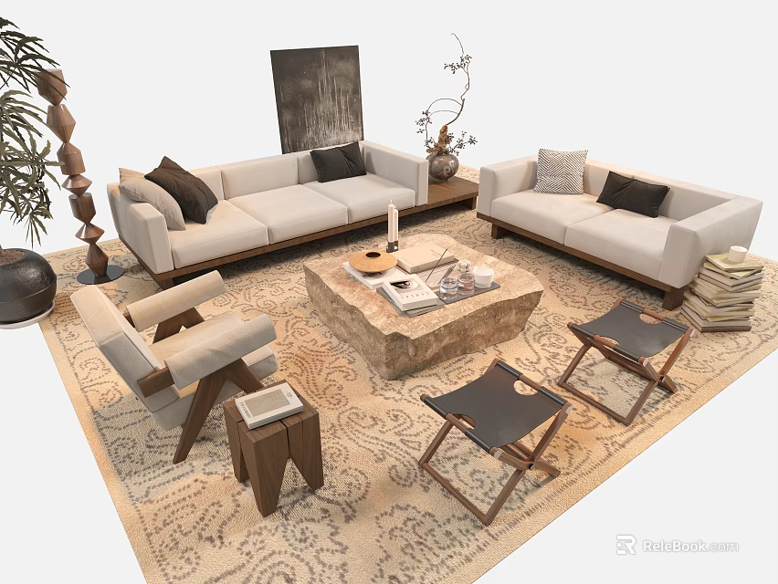 Elegant Beige Sofa Coffee Table Set With Wooden Top Area Rug And Decorative Plants 3d model 