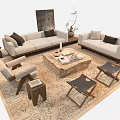 Elegant Beige Sofa Coffee Table Set With Wooden Top Area Rug And Decorative Plants