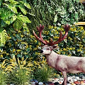 Lush Green Plant Wall Featuring Plants Yellow Flowers Deer Statue And Pebbles In Garden