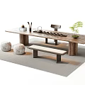 Modern Table and Chair Set With Round Stools Bench Tea Sets And Plants 3d model
