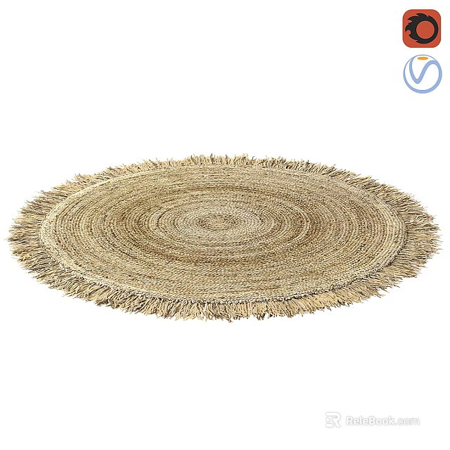 Natural Woven Round Rug with Spiral Pattern and Fringed Beige Edges 3d model 