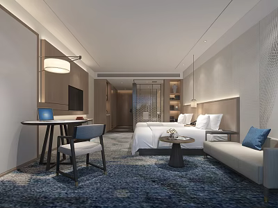 Modern Hotel Room Interior With Double Bed Sofa Table Chair And Decorative Carpet 3d model
