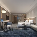 Modern Hotel Room Interior With Double Bed Sofa Table Chair And Decorative Carpet