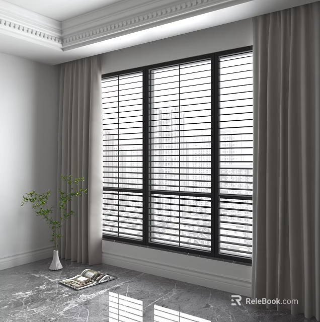 Modern Interior Floor to Ceiling Window With Blinds Gray Curtains And Green Plant 3d model 