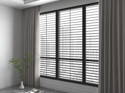 Modern Interior Floor to Ceiling Window With Blinds Gray Curtains And Green Plant 3d model