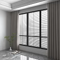Modern Interior Floor to Ceiling Window With Blinds Gray Curtains And Green Plant