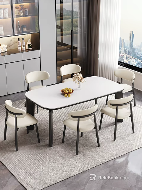 Contemporary Dining Table Set With White Rectangular Table Six Beige Chairs Fruit Bowl And Flower Vase 3d model