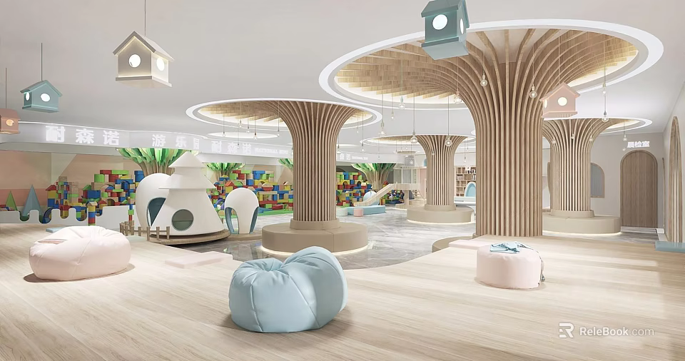 Modern Kindergarten Interior Design With Wooden Pillars Hanging Birdhouse Decorations Colorful Blocks And Soft Poufs 3d model 