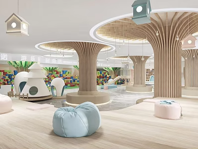 Modern Kindergarten Interior Design With Wooden Pillars Hanging Birdhouse Decorations Colorful Blocks And Soft Poufs 3d model