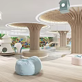 Modern Kindergarten Interior Design With Wooden Pillars Hanging Birdhouse Decorations Colorful Blocks And Soft Poufs