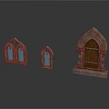 Gothic Architectural Components Arched Wooden Door And Glass Windows With Stone Frames