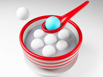 Red Striped Bowl Containing White Round Food Balls Blue Sphere In Red Spoon With Soup 3d model