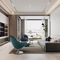 Modern Living Dining Room Interior With Blue Chair TV Wall Coffee Table And Potted Plant
