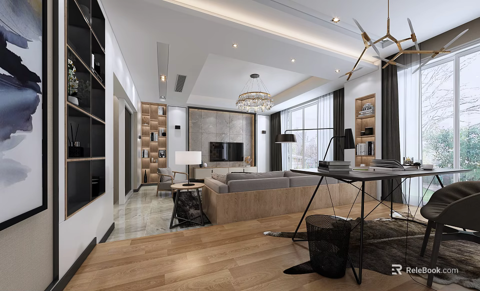 Modern Light Luxury Open Plan Living And Dining Room Interior With Cozy Sofa And Decorations 3d model 