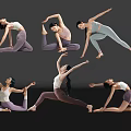 Women Practicing Various Yoga Poses In Sportswear Against Black Background On Reflective Floor