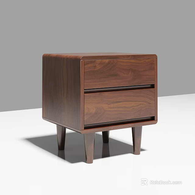 Modern Walnut Wooden Bedside Table With Two Drawers And Solid Legs 3d model