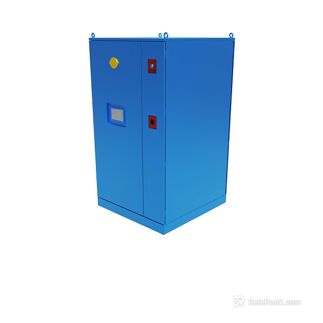 Blue Industrial Control Cabinet With Yellow Red Buttons And Blue Display Panel 3d model 