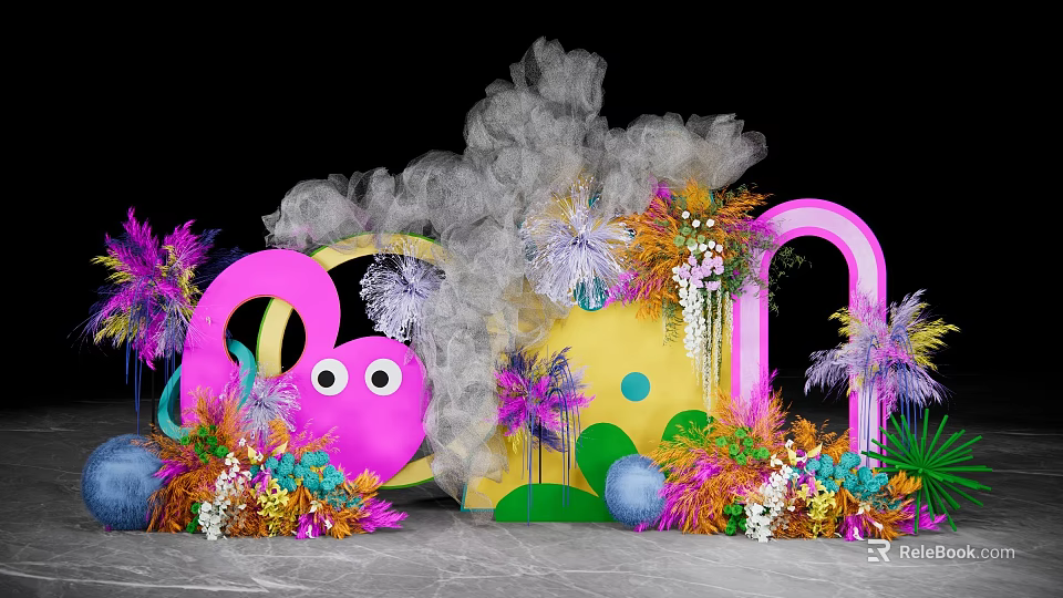 Colorful Photo Check In Spot With Pink Cartoon Shapes Green Plants Smoke Effect And Arch 3d model 