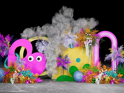 Colorful Photo Check In Spot With Pink Cartoon Shapes Green Plants Smoke Effect And Arch 3d model