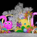Colorful Photo Check In Spot With Pink Cartoon Shapes Green Plants Smoke Effect And Arch