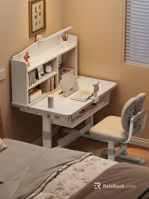 Modern Minimalist Bedroom White Desk And Grey Chair Set With Books Notebook Clock Decorative Items 3d model 
