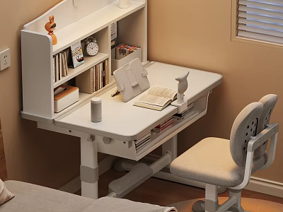 Modern Minimalist Bedroom White Desk And Grey Chair Set With Books Notebook Clock Decorative Items 3d model