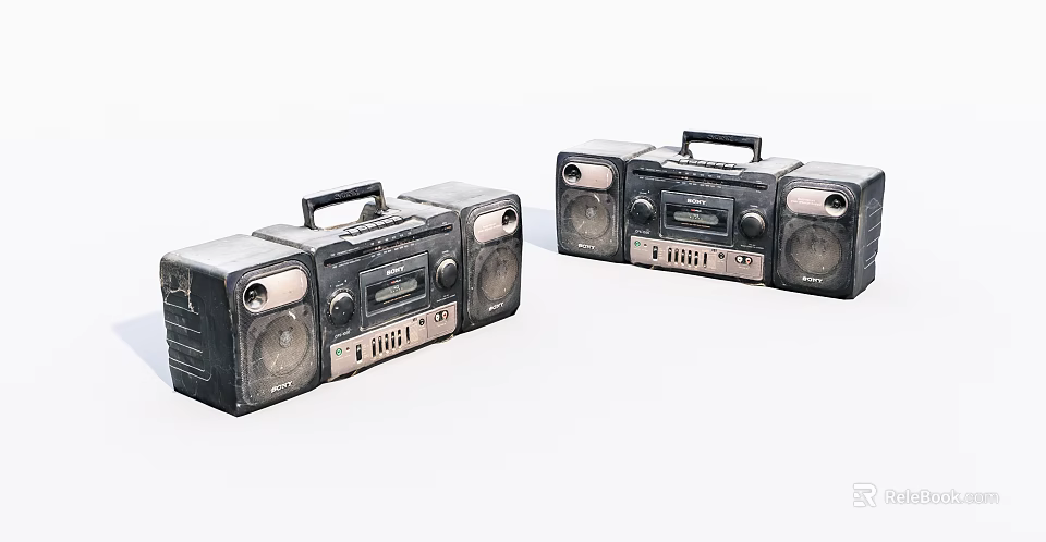 Two Vintage Black Portable Stereo Players With Handle And Speakers On White Background 3d model 