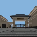 Traditional Chinese Entrance Gate Featuring Pagoda Roof Symmetric Buildings And Stone Square