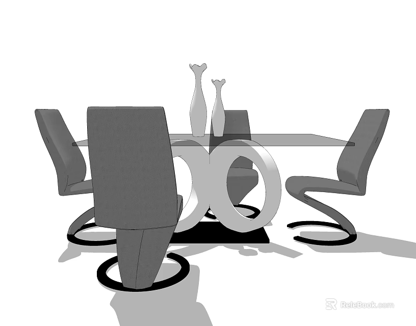 Modern Dining Table And Chairs Set With Curved Legs And Decorative Vases 3d model 