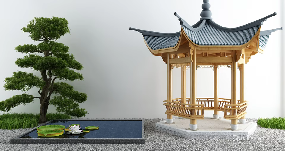 Traditional Courtyard Garden With Chinese Style Pavilion Pond Lotus Leaves Pine Tree And Gravel Ground 3d model 