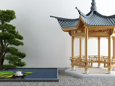 Traditional Courtyard Garden With Chinese Style Pavilion Pond Lotus Leaves Pine Tree And Gravel Ground 3d model