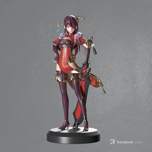 Anime Female Character Figurine With Elaborate Outfit Purple Long Hair Red Gold Accents Weapon Stand Base 3d model 