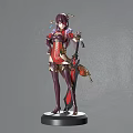 Anime Female Character Figurine With Elaborate Outfit Purple Long Hair Red Gold Accents Weapon Stand Base