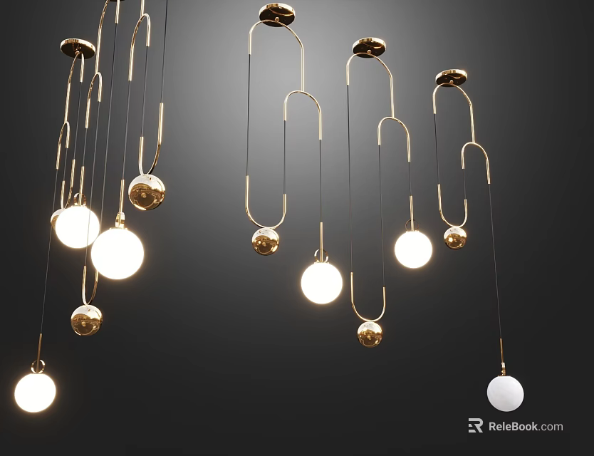 Modern Golden Chandelier Interior With Glowing Spherical Bulbs And Hanging Frames 3d model