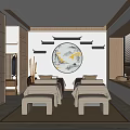 Traditional SPA Sauna Interior Featuring Beige Loungers Circular Landscape Painting and Wooden Elements
