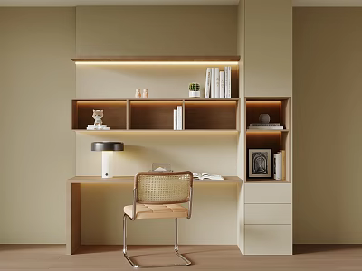 Modern Study Desk With Wooden Shelf Books Table Lamp And Rattan Chair 3d model