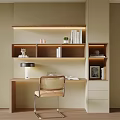 Modern Study Desk With Wooden Shelf Books Table Lamp And Rattan Chair